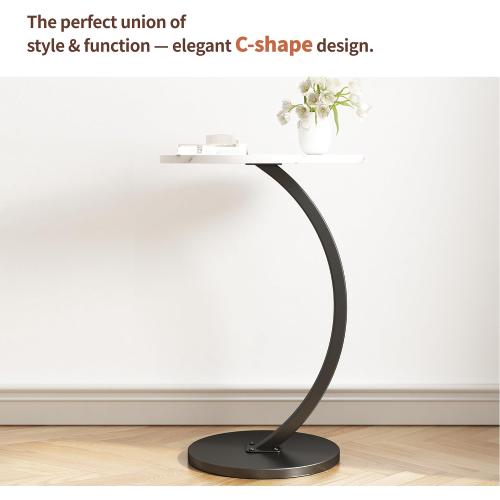C Shaped Side Table End Table Round Small Side Table,White & Black | C Shaped End Table Metal Frame for Sofa Bed Couch Living Room Bedroom Small Spaces Bedside TV Tray Accent Nightstand Table