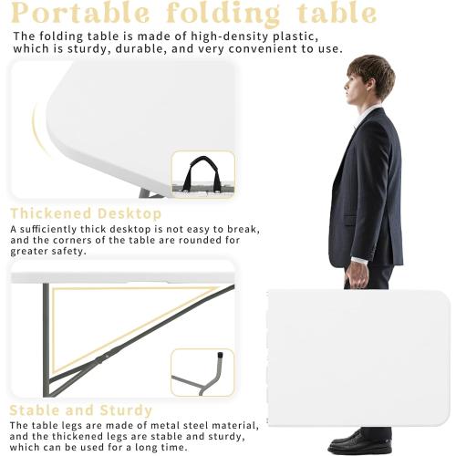 Set of 2 Folding Table 6 FT Lightweight Camping Table Portable Plastic Rectangular Outdoor Dining Table Steel Legs Fold-in-Half with Carrying Handle for Indoor,Picnic,Party,Wedding,Events(White)