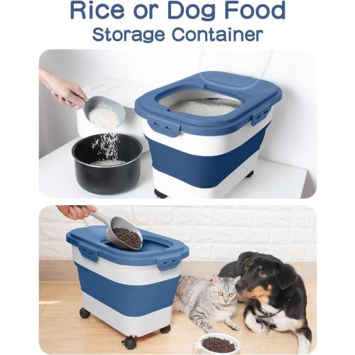 Rice Storage Container,Collapsible Food Storage Containers with Rolling Wheel Airtight Locking Lid,Flour Storage Container with Cup and Scoop,Suitable for Food,Rice,Pet Food,Flour