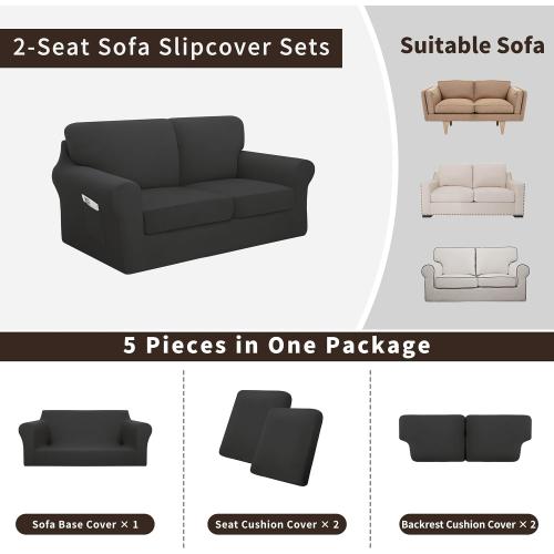 Easy-Going 5 Pieces Stretch Loveseat Couch Cover, Medium, Dark Grey | Washable Loveseat Slipcover Set for 2 Backrest and Seat Cushion Couch Anti-Slip Sofa Couch Cover Furniture Protector