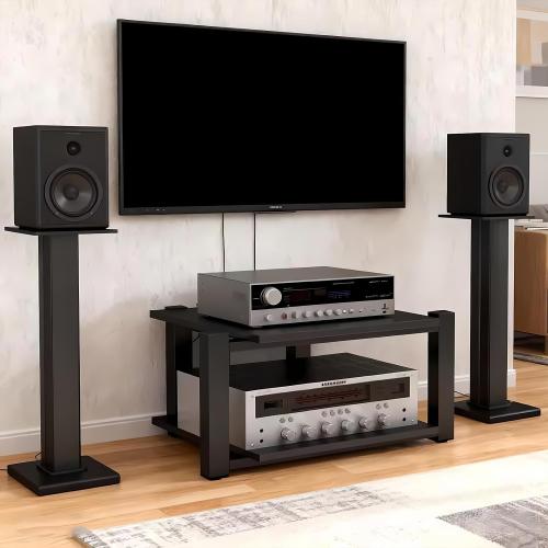 Heavy Duty Audio Rack Tower, Av Media Player Stand with Wooden Shelves, Black Cd Stereo Equipment Cabinet, Suitable for Home,Office/Audio Video/Theate (Black, 2 Tier)