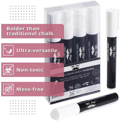 Mr. Pen- White Chalk Markers for Blackboard, 4 Pack, Reversible Tip, White Liquid Chalk Marker, Non-Toxic Liquid Chalkboard for Windows and Glass, Erasable Markers