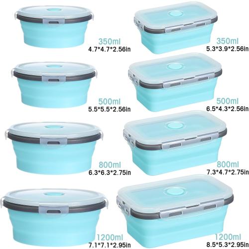 Yaomiao 16 Pack Collapsible Food Storage Containers with Lid Foldable 8 Pcs Rectangle Storage Bowl and 8 Pcs Round Silicone Food Bow for Lunch Rv Accessories Microwave Freezer Safe(Gray, Blue)