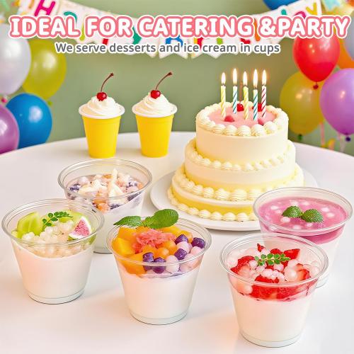 50 Packs 9oz Disposable Dessert Cups with Lids No Hole, Clear Plastic Cups with Lids for Ice Cream, Cake, Snacks, Fruit, Cold Drinks, Smoothie, Pudding, Salad