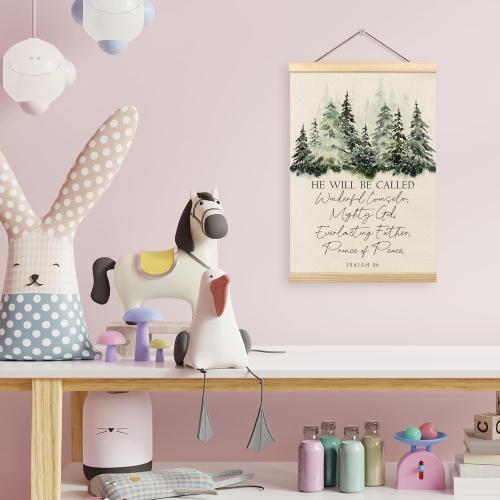 Christian Christmas Poster Hanger Frame, Christmas Winter Wall Decor, Bible Verse Christmas Religious Wall Hanging Decor for Home Church, Winter Forest Wall Art Prints with Wood Frames, 12x16in