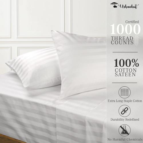URBANHUT 1000 Thread Count 100% Cotton Damask Full Size Sheets, Long Staple Striped Bedsheet, Luxury Hotel Sateen Weave - Soft & Breathable, Better Than Egyptian, 16 Deep Pocket - White