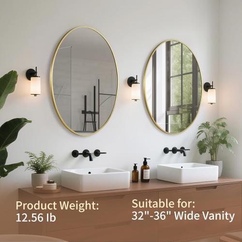 Gold Oval Mirror for Bathroom, 26x38 Inch Oval Bathroom Mirror with Brushed Metal Frame, Wall Mounted Decorative Vanity Mirror for Bathroom, Living Room, Entryway