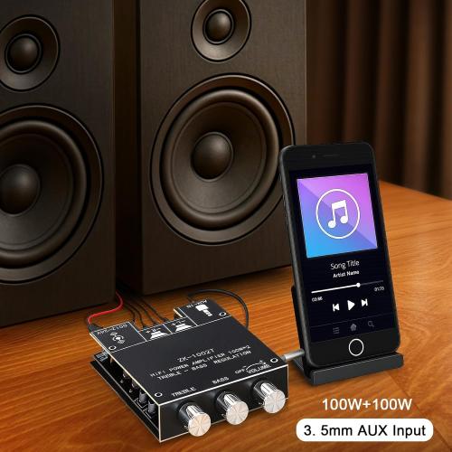 ZK-1002T 100W 100W Bluetooth Amplifier Board, 2.0 Channel Bluetooth 5.0 Subwoofer Audio AMP with Treble and Bass Control, DC12-24V, BT and AUX Inputs, TPA3116D2 Chip Stereo AMP Board for DIY Speakers