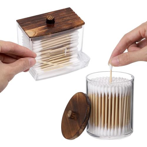 Tbestmax Qtips Holder Bathroom Container, 10 OZ Cotton Ball/Swabs Dispenser, Apothecary Jar Organizer for Storage Brown Wood Lids