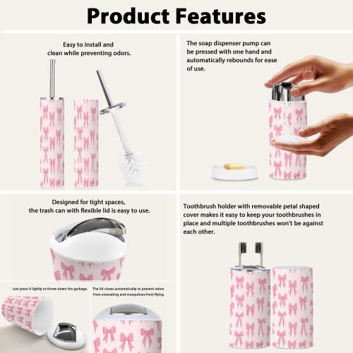 Bathroom Accessory Set 6 Piece Boho Cute Coquette Seamless Pattern Bow Delicate Pink Trendy Patterned Trash can, Toothbrush Holder, Soap Dispenser, Soap Dish, Toothbrush Cup, Toilet Brush Holder