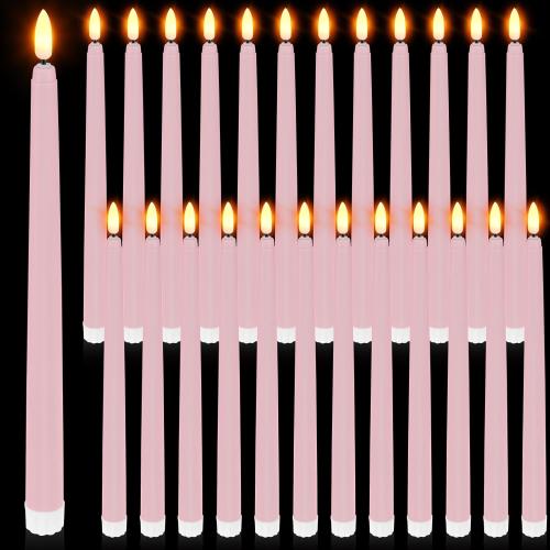 Macarrie 24 Packs Flameless Taper Candles Battery Operated Fake 11 Inch Long Candlelight LED Flameless Candlesticks Flickering Tapered for Christmas Church Prayer New Year Wedding(Pink)
