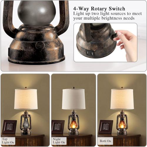 Farmhouse Rustic Table Lamps for Bedroom Set of 2, Vintage Lantern Lamp with Dual USB Charging Ports,25 Retro Antique Bedside Nightstand Desk Lamp for Living Room End Table Entryway, 4 Bulb Included