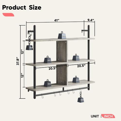 Bestier Floating Pipe Shelving Kitchen Shelves Wall Mounted 3 Tier Ladder Coffee Bar Shelf 3 Tier Bundle, Retro Grey