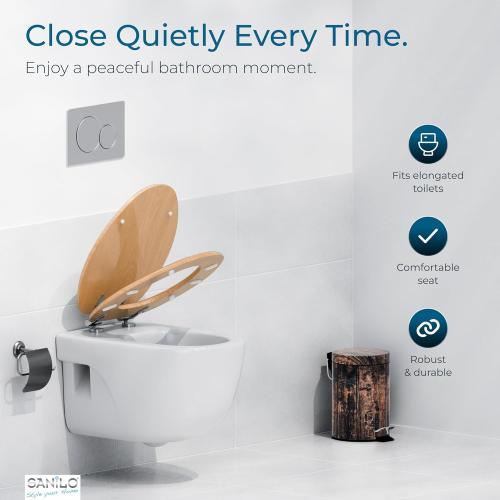 SANILO Wooden Toilet Seat with Soft Close [ELONGATED] - Decorative, Quiet & Slow Close Molded Wood Seat - With Strong Bumpers & Hinges - Adjustable Fit - Wood