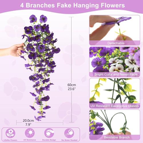 Fake Artificial Flowers for Outdoors, 4 Pcs Faux Hanging Pansy Flowers Spring Summer Decor, UV Resistant Fake Plants Silk Flower for Planter Front Door Porch Patio Yard Garden(Purple Yellow White)