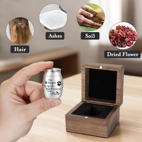 XIUDA Wooden Mini Pet Memorial Small Urns for Dog Ashes Stainless Steel Cremation Mini Urn with Black Walunt Box Funeral Pet Paw Print Keepsake Urn for Ashes