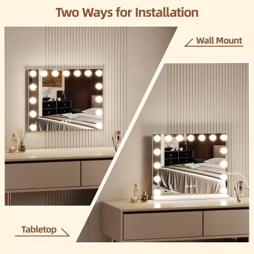 Memobarco Vanity Mirror with Lights, Makeup Mirror with USB/Type-C Charging, Large Hollywood Mirrors w/ 15 LED Bulbs & 5X Magnifier, LED Mirrors for Bedroom Tabletop & Wall Mounted