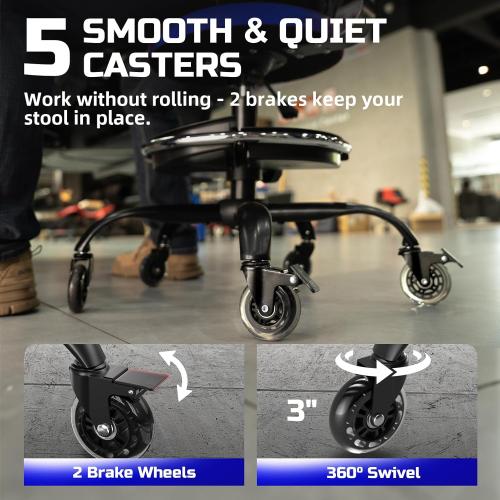 Rolling Shop Stool with Wheels, Garage Mechanic Stool Chair with Backrest, Height Adjustable Heavy Duty Swivel Task Chair, Adjustable Footrest with Storage Tray for Garage Kitchen Salon Tattoo (Blue)