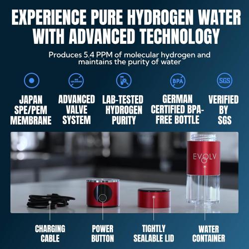 EVOLV Hydrogen Water Bottle Generator – SPE & PEM Water Ionizer 5.4PPM, Highest H2 Concentration – Portable 8oz Hydrogenated Water Bottle – Leak-Proof Hydrogen Water Machine, Easy to Use – Crimson