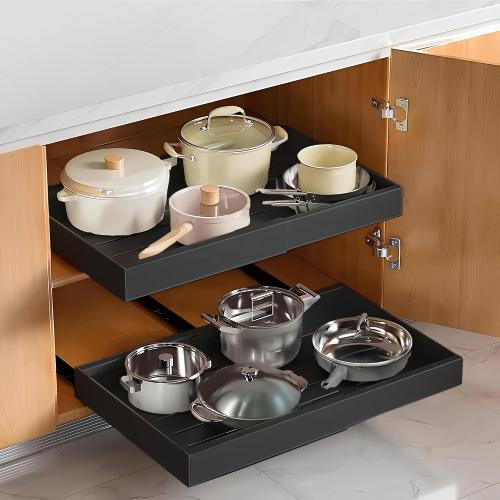 Expandable Pull Out Cabinet Organizer 21 Deep with 2 Magnetic Dividers and Cleaning Brush- Black Slide Out Drawer for Kitchen, Under Sink & Pantry (12.6”-21”)