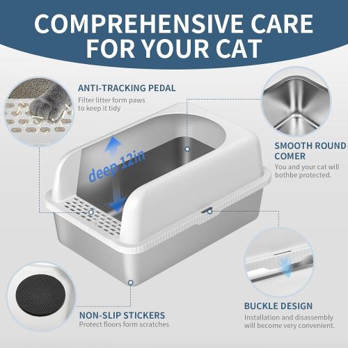 Size 19.6 L x 14 W x 12 H  Stainless Steel Cat Litter Box with Lid High Wall Sides Enclosure, Non-Sticky, Anti-Leakage, Easy Cleaning, with Cat Mat & Metal Scoop, 19.6 L x 14 W x 12 H