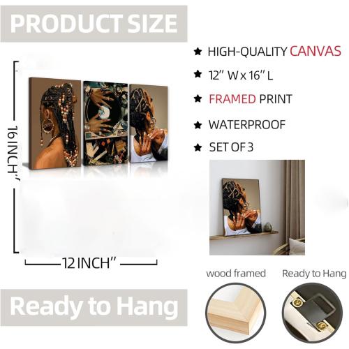 Size 12x16 3Pcs Framed Black Woman Canvas Wall art African American Woman Fashion Hairstyle Wall Decor Picture Black Girl Record Posters prints for Living Room Bedroom Bathroom Home Decoration 12x16in