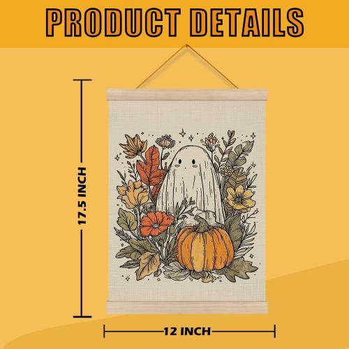 Z0FGU0 Fall Pumpkin Ghost Halloween Wall Art, Rustic Autumn Fall Floral Botanical Poster Hanger Frame, Spooky Halloween Ghost Wall Decor for Home Living Room Bedroom, 12x16 Inch