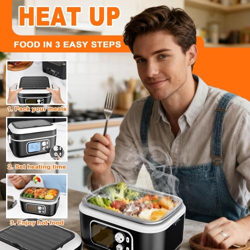6.3-Cup Cordless Electric Lunch Box for Adults, 27000mAh Heated Lunch Box For Men Battery Powered with Automatic Heating, 100W Self-Heating Portable Food Warmer for Hot Meals Anywhere, Black