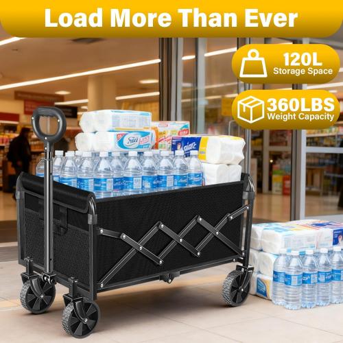 Wagons Carts Foldable, Collapsible Wagon with Wheels — Foldable Wagon for Groceries,Picnic,Beach,Camping, Small Hauls, Apartment Moving Storage, Portable Utility Folding Wagon Cart, 360lbs, Black