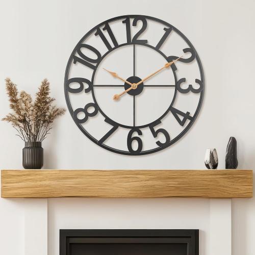 24 Inch Wall Clock for Living Room Decor, Modern Industrial Wall Clocks Battery Operated, Silent Non-Ticking Analog Metal Clock for Dining Room, Bedroom, Home, Office