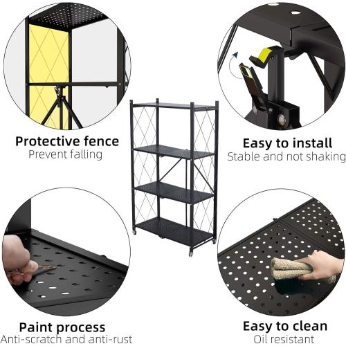 Storage Shelves, Closet Organizers and Storage 4-Shelf Foldable Metal Shelving Units 28 W x 14 D x 50 H for Garage Kitchen Bakers, Collapsible Organizer Rack, Heavy Duty on Wheels (4 -Shelf)
