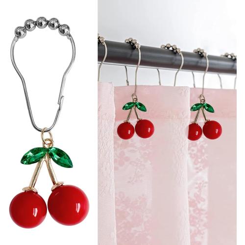 Cherry Bathroom Decor Curtain Hooks Rings for Bathroom Shower Rod (12pcs) - Rust Proof Metal Stainless Steel Curtain Ring Red Cherry Pendant Decoration