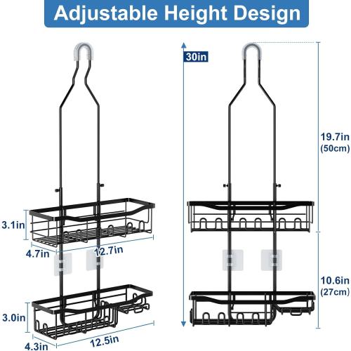 Upgraded Extended Length Shower Organizer with Hooks, Rustproof Shampoo Soap Holder, Large Hanging Bathroom Caddy