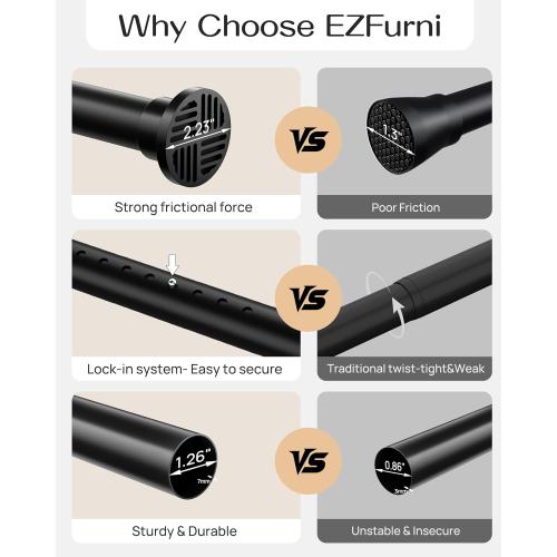 Tension Curtain Rod by EZFurni, 82 to 123 Inch Adjustable, No Drill Curtain Rods for Windows, Heavy Duty Tension Rod for Window Treatment, Room Divider with Blackout Curtains, Renter Friendly, Black