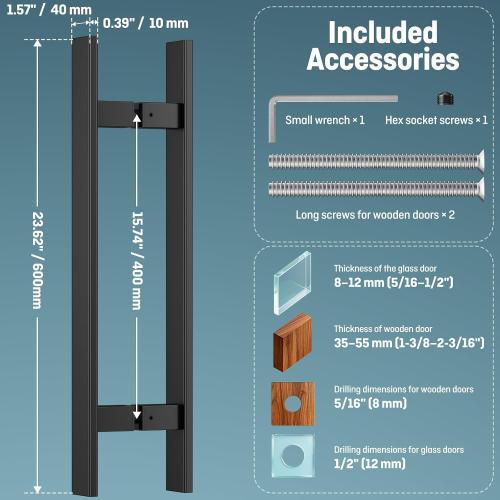 Ranbo 24 Door Pull Handle, 1.2mm 304 Stainless Steel, Matte Black | 15-3/4 Hole Spacing, Fits 1/4–3/4 Glass Doors and 1-3/8–2-3/16 Wood Doors, for Entry, Commercial and Storefront Door