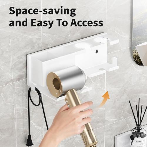 Hair Dryer Holder, Hair Tool Organizer Wall Mount, Adhesive or Drill, White