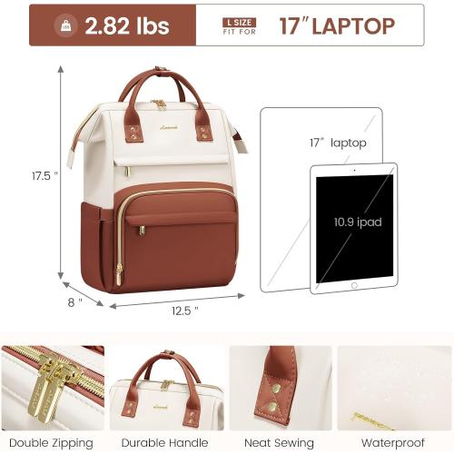 LOVEVOOK Leather Backpack for Women,17 inch Leather Laptop Backpack Women,Professional Work Backpack Nurse College Teacher Bag,Womens Laptop Tote Bag Computer Travel Backpack Purse,Beige White-Brown