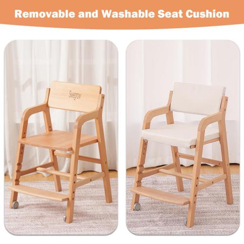 Swegrow Wooden High Chair with 2 Wheels, Adjustable Seat - Backrest - Footrest Heights, Wooden High Chair for Toddlers - Kids and Baby, Kids Dining Chair with Removable Cushion(Beige)