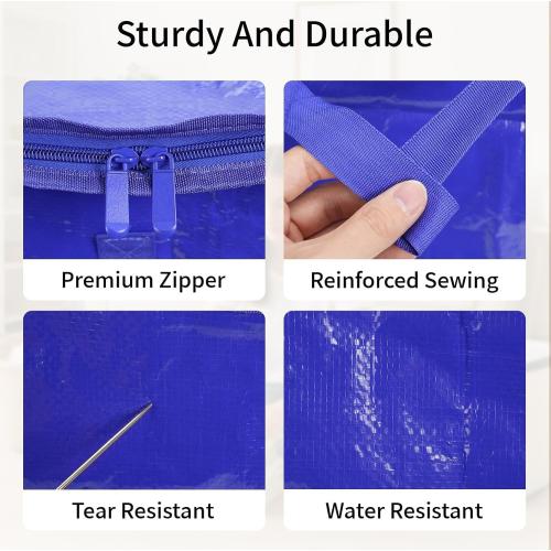 16 Pack-Extra Large Heavy Duty Moving Bags - Waterproof Storage Totes with Handles & Zippers, Foldable for College Dorm, Storage (Blue)