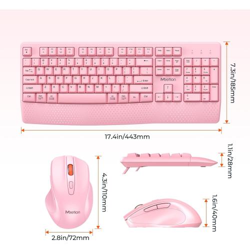MEETION Wireless Keyboard and Mouse, Full-Sized Cordless Keyboard with Wrist Rest, 3 DPI Adjustable Mouse, Keyboard and Mouse Set with 2.4GHz USB Receiver, for PC/Computer/Laptop/Windows/Mac, Pink
