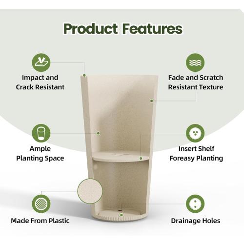 Tall Planters for Outdoor Plants Set of 2 - Fluted Large Outdoor Planters for Front Porch Decor with Drainage Hole, Plastic Round Flower Pots Fits Indoor Plants Patio/Garden, Beige