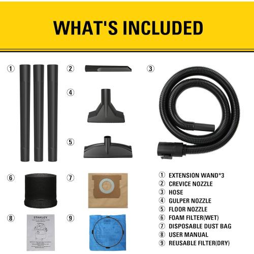 STANLEY Wet/Dry Vacuum SL18115, Stainless Steel Tank, 5 Gallon 4HP Shop Vacuum, Portable Style Ideal for Home/Shop/Jobsite Dust Collection Job with Vacuum Attachments, Silver Yellow