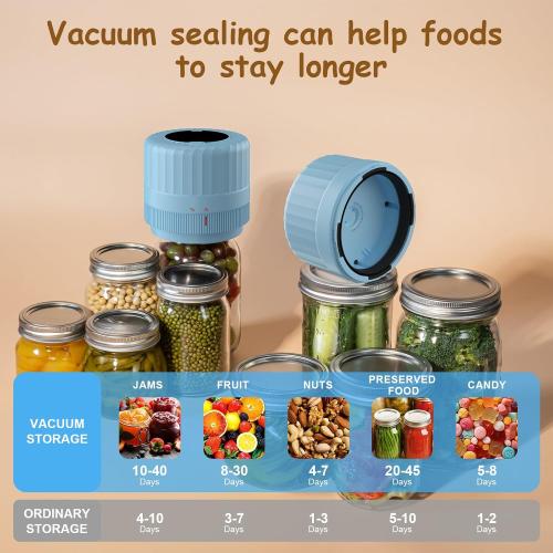 Electric Mason Jar Vacuum Sealer - Fully Automatic Mason Jar Vacuum Sealer Kit for All Mason Jars with Regular Lids and Wide Mouth Lids, A Must-Have Tool for Canned Foods/Pantry - Blue