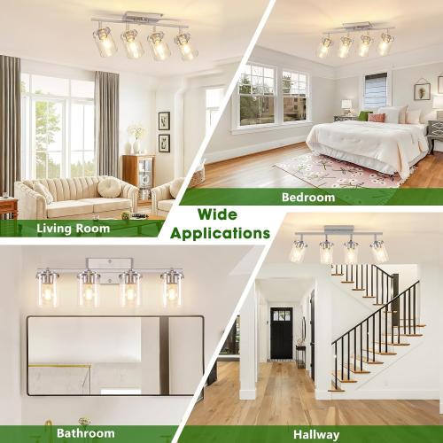 FadimiKoo 4-Lights Brushed Nickel Kitchen Lighting Fixtures Ceiling, Black Semi Flush Mount Ceiling Light with Clear Glass Shades, Adjustable Close to Ceiling Lamp for Dining Room Hallway Bedroom