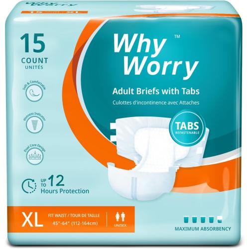 WhyWorry Adult Diapers with Tabs, Disposable Incontinence Briefs for Women & Men with Maximum Absorbency, Adult Briefs for Incontinence Overnight, Odor Control, Unisex, XLarge, 15 Count