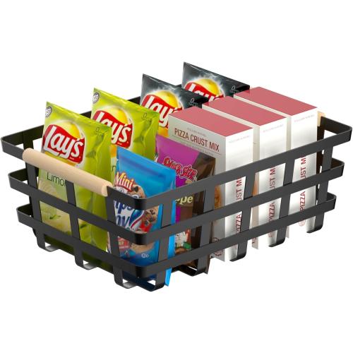 Wire Metal Baskets Metal Wire Food Storage Basket Organizer Farmhouse Baskets Bin Metal Wire Food Storage Basket Organizer with Wood Handles for Pantry Cabinets