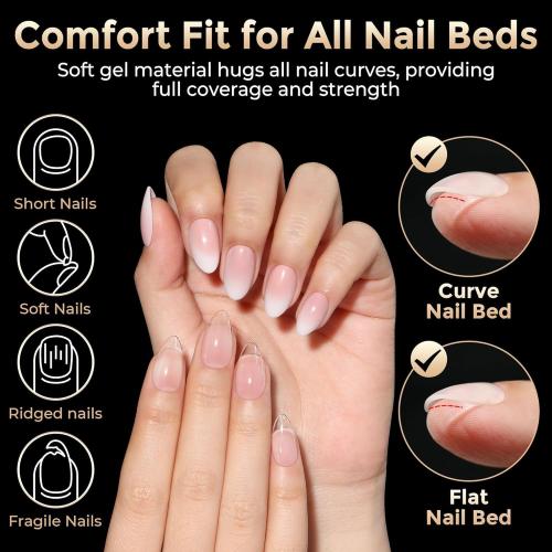 Short Almond Nail Tips: 504pcs Pre-Etched Soft Gel Nail Tips, Tri-Layer Core Short Fake Nails, 12 Sizes Half Matte Full Cover Clear Press on Nails Extension DIY for Flat & Natural Nail Beds