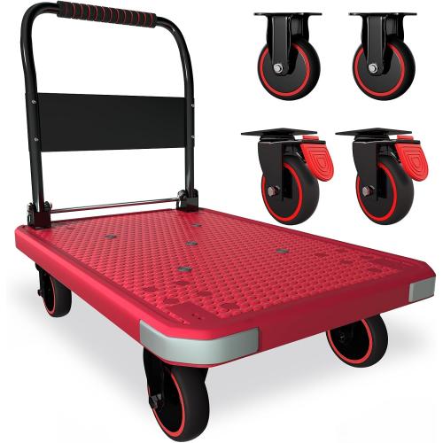 WUD Foldable Hand-Push Platform Truck with Brake, 360-Degree Swivel Wheels, 35.4”L x 23.6”W, 880 lb Load Capacity, Suitable for Luggage, Travel, Moving, Shopping, Office, Home Garden, Magenta
