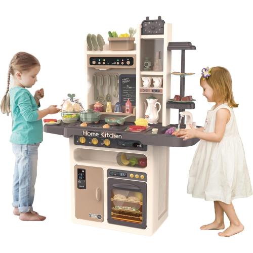 Play Kitchen for Kids, Interactive Play with Lights and Sounds, Real Steam, Play Sink, Cutting Food Set, 65 PCS Toy Kitchen Set for Boys Girls