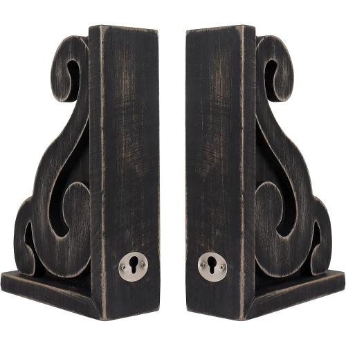 GENMOUS Rustic Distressed Vintage Scroll Corbel Bookends,Farmhouse Black Wood Decorative Bookends,Rustic Corbels Shelf Brackets,Shabby Chic Vintage Book Ends,Home Decoration and Gift,Set of 2.